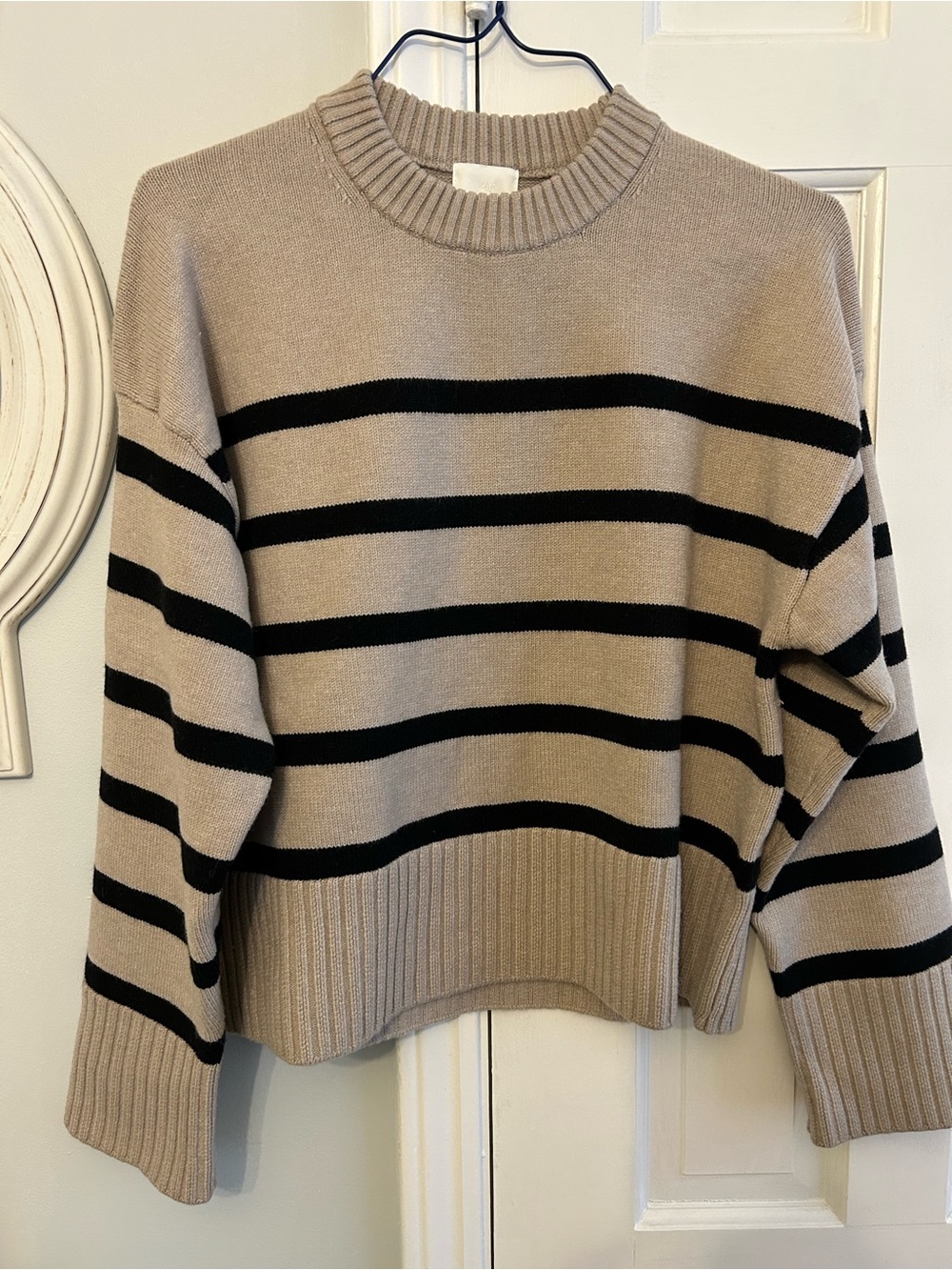 H&M Beige Crewneck Sweater with Black Stripes